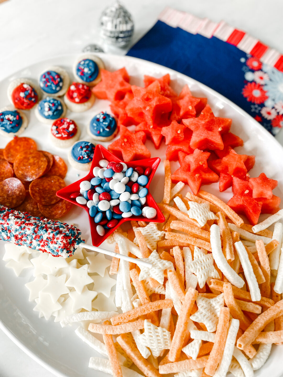 red, white and blue snack board